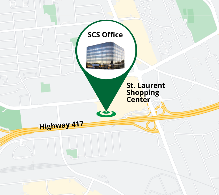 Pointer showing the location of the SCS office at 1400 St. Laurent Boulevard on a map