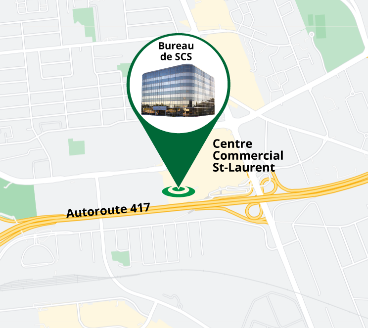 Pointeur montrant l'emplacement du bureau de SCS au 1400 Boulevard St. Laurent sur une carte